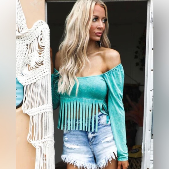 Turquoise 💙Mineral Dyed Fringe Crop Top -PLEASE READ DESCRIPTION ⬇️ - Picture 7 of 14